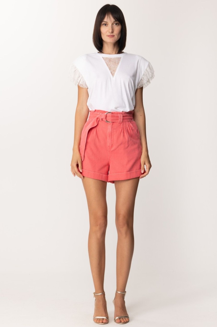 Twin-Set Shorts In Cotone Con Cintura E Risvolti Rosa Shock Online