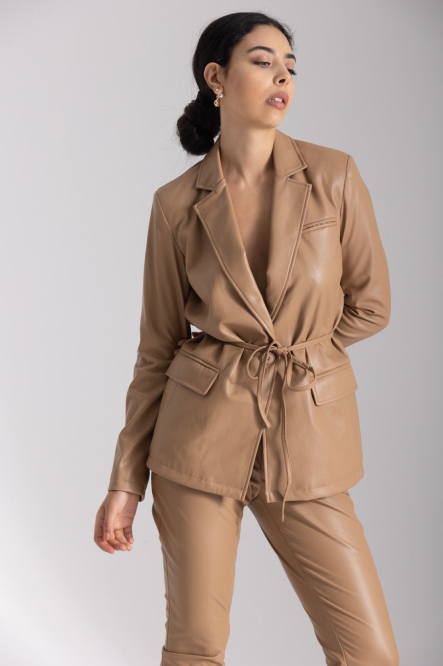 Twin-Set Giacca In Ecopelle Con Cintura Cold Camel Best