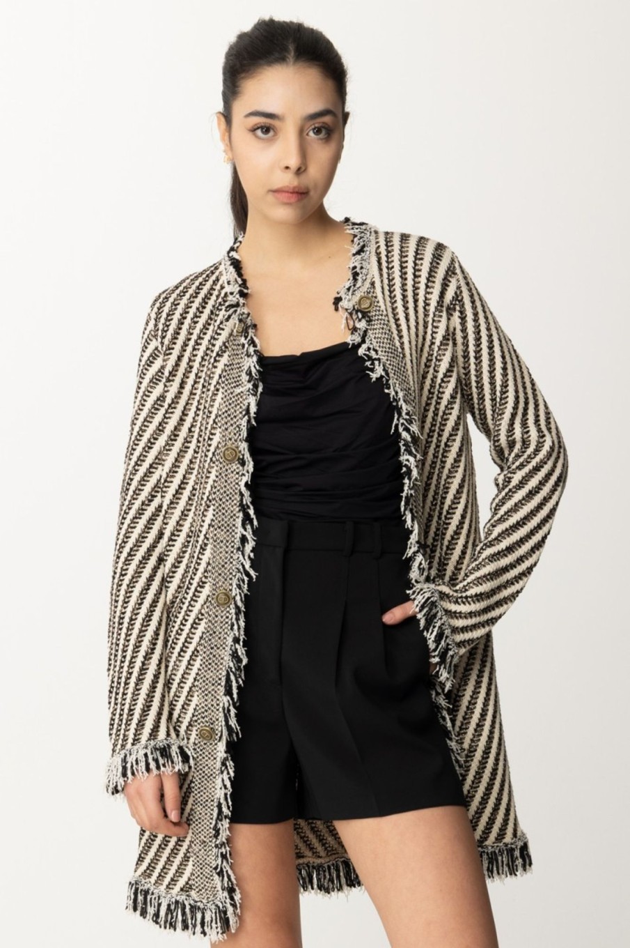 Twin-Set Cappotto In Maglia A Righe Con Frange Jacquard Stripes Neve/Nero/Lur Online