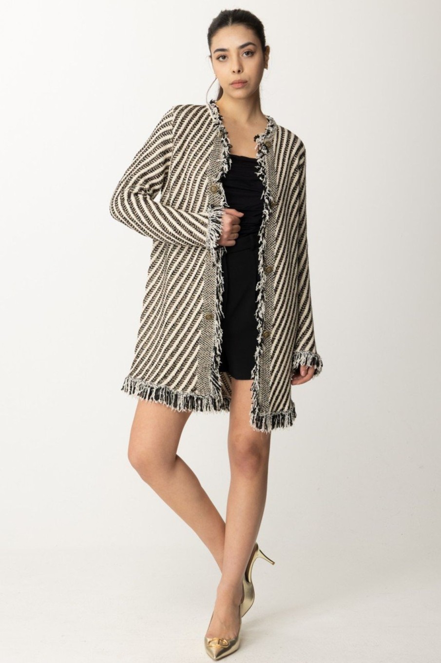 Twin-Set Cappotto In Maglia A Righe Con Frange Jacquard Stripes Neve/Nero/Lur Online