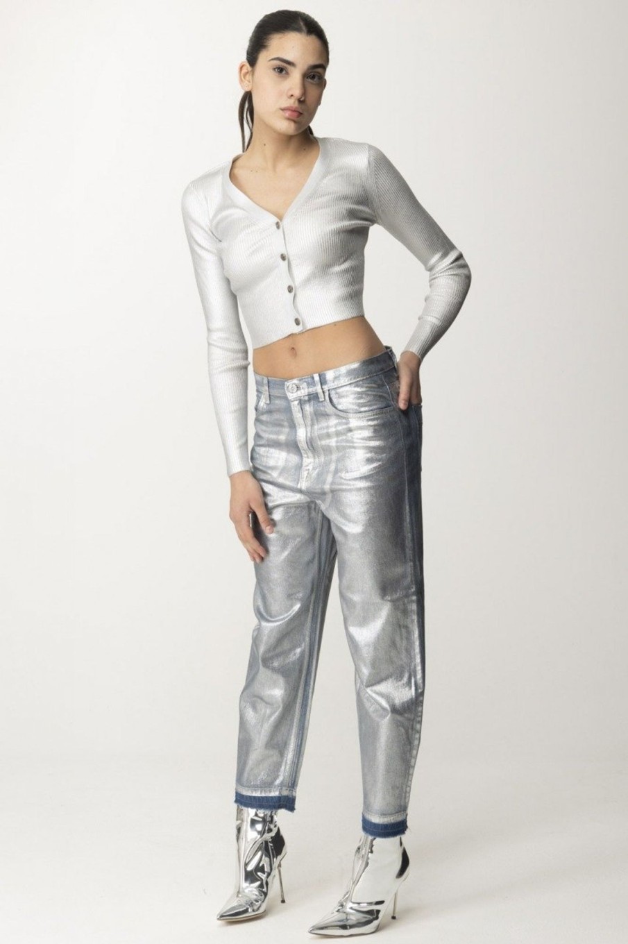 Elisabetta Franchi Jeans Boyfriend Laminati Silver Clearance