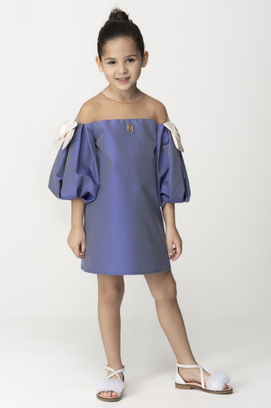 ELISABETTA FRANCHI BAMBINA Abito Con Maniche A Palloncino E Fiocchi Naked/Indigo Blue/Butter Best