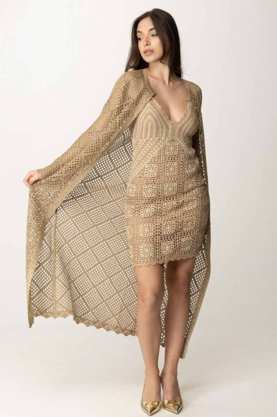 Twin-Set Cardigan Traforato Lungo Con Lurex Hazelnut Chiaro Lurex Hot