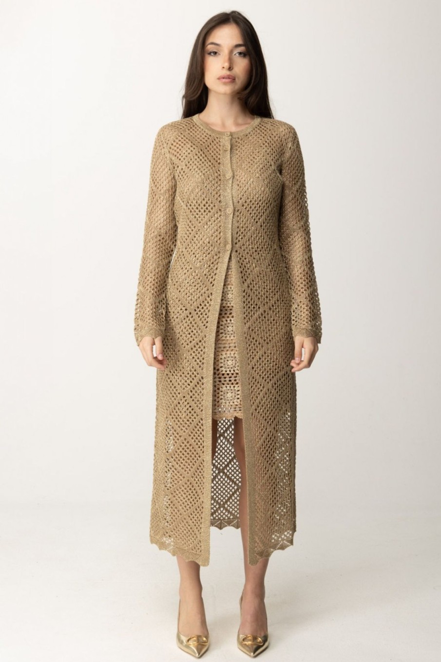 Twin-Set Cardigan Traforato Lungo Con Lurex Hazelnut Chiaro Lurex Hot