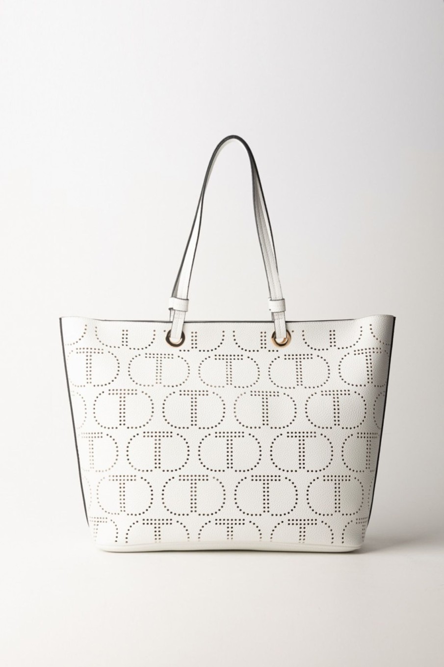 Twin-Set Borsa Tote Con Logo Traforato Bianco Ottico Clearance