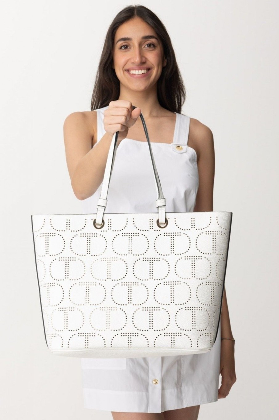 Twin-Set Borsa Tote Con Logo Traforato Bianco Ottico Clearance