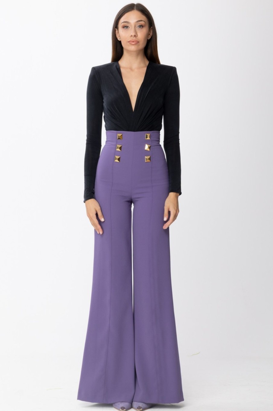 Elisabetta Franchi Pantaloni Palazzo Con Maxi Borchie Ametista Clearance