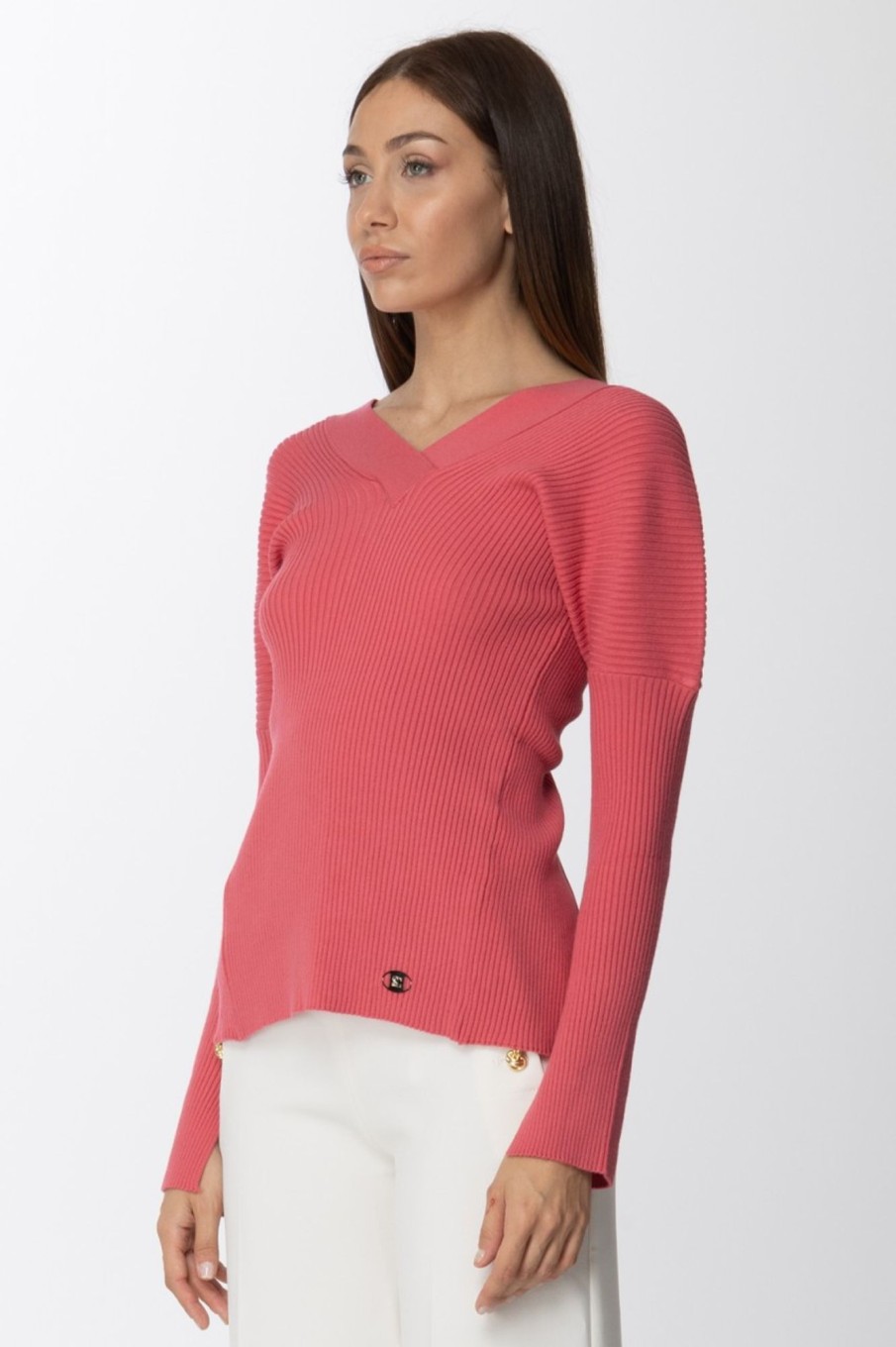 Simona Corsellini Maglia A Costine Con Scollo A V Pink Clearance