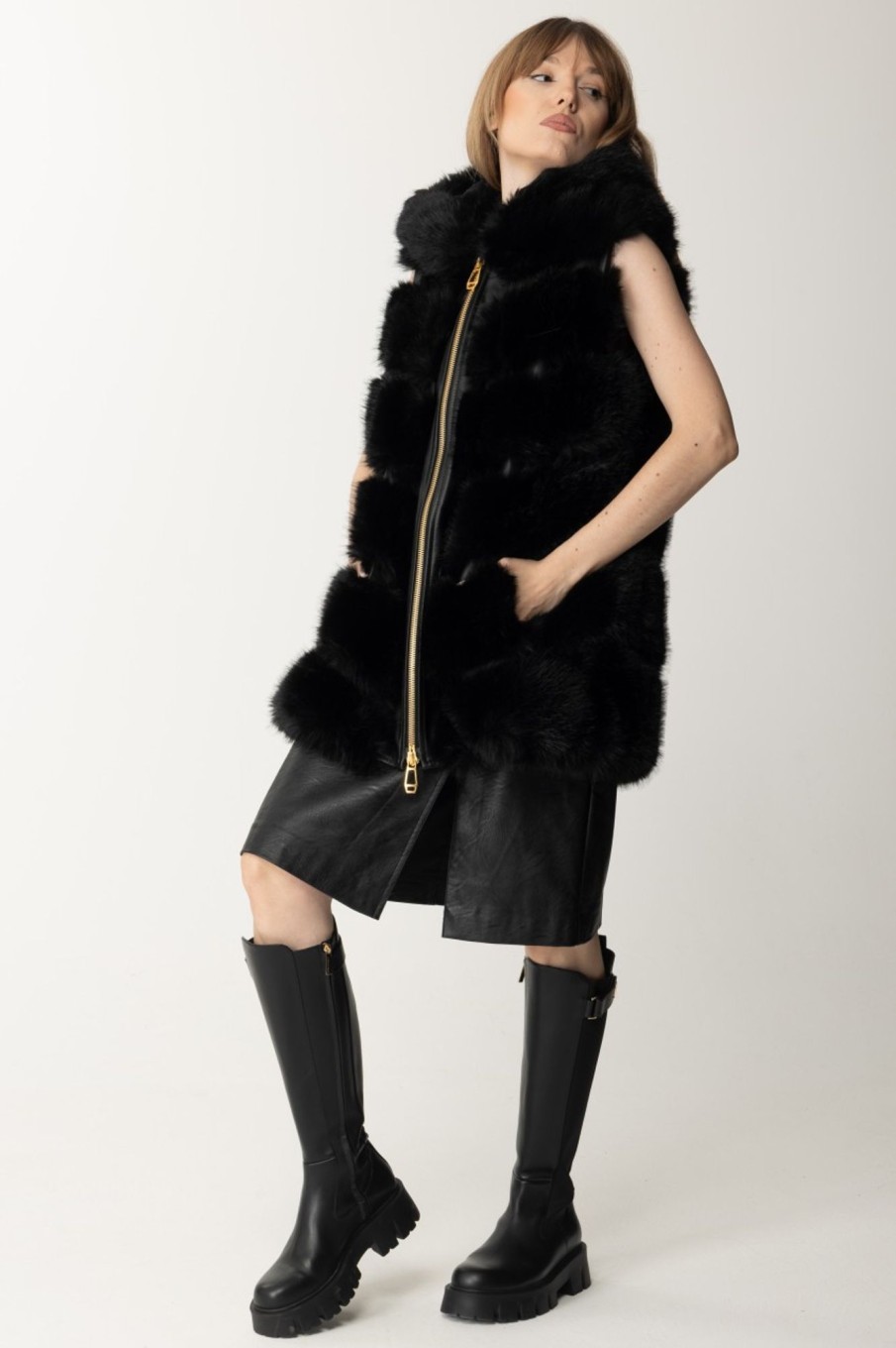 Yes London Gilet In Ecopelliccia Con Cappuccio Nero Clearance