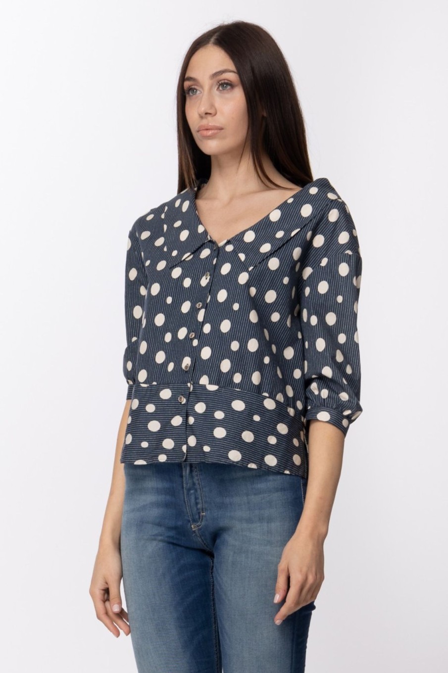 Manila Grace Camicia A Pois Con Maxi Scollatura Blu Navy Online