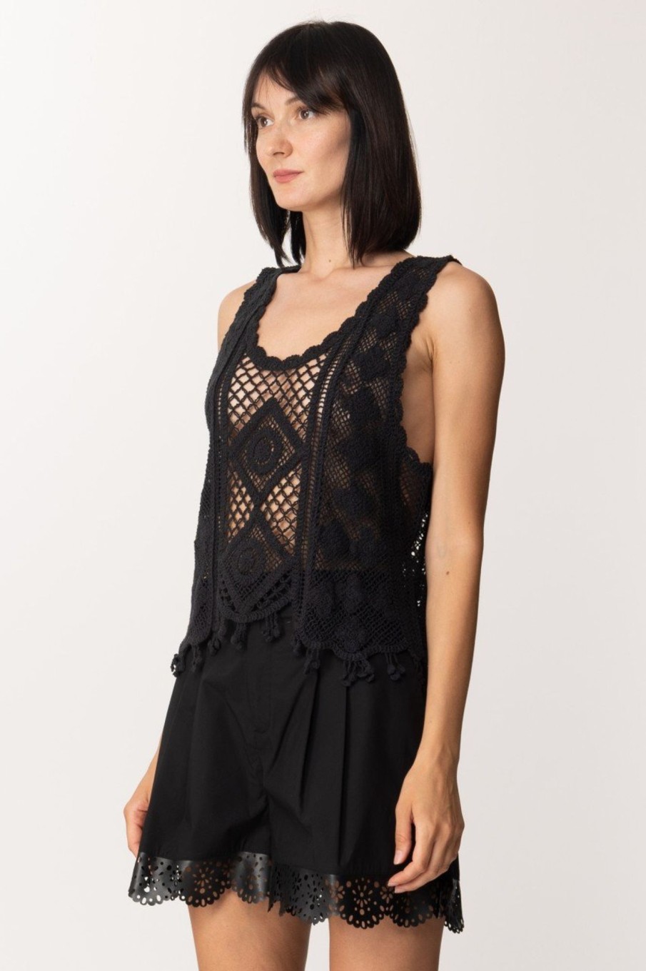 Twin-Set Top In Maglia Crochet Nero New