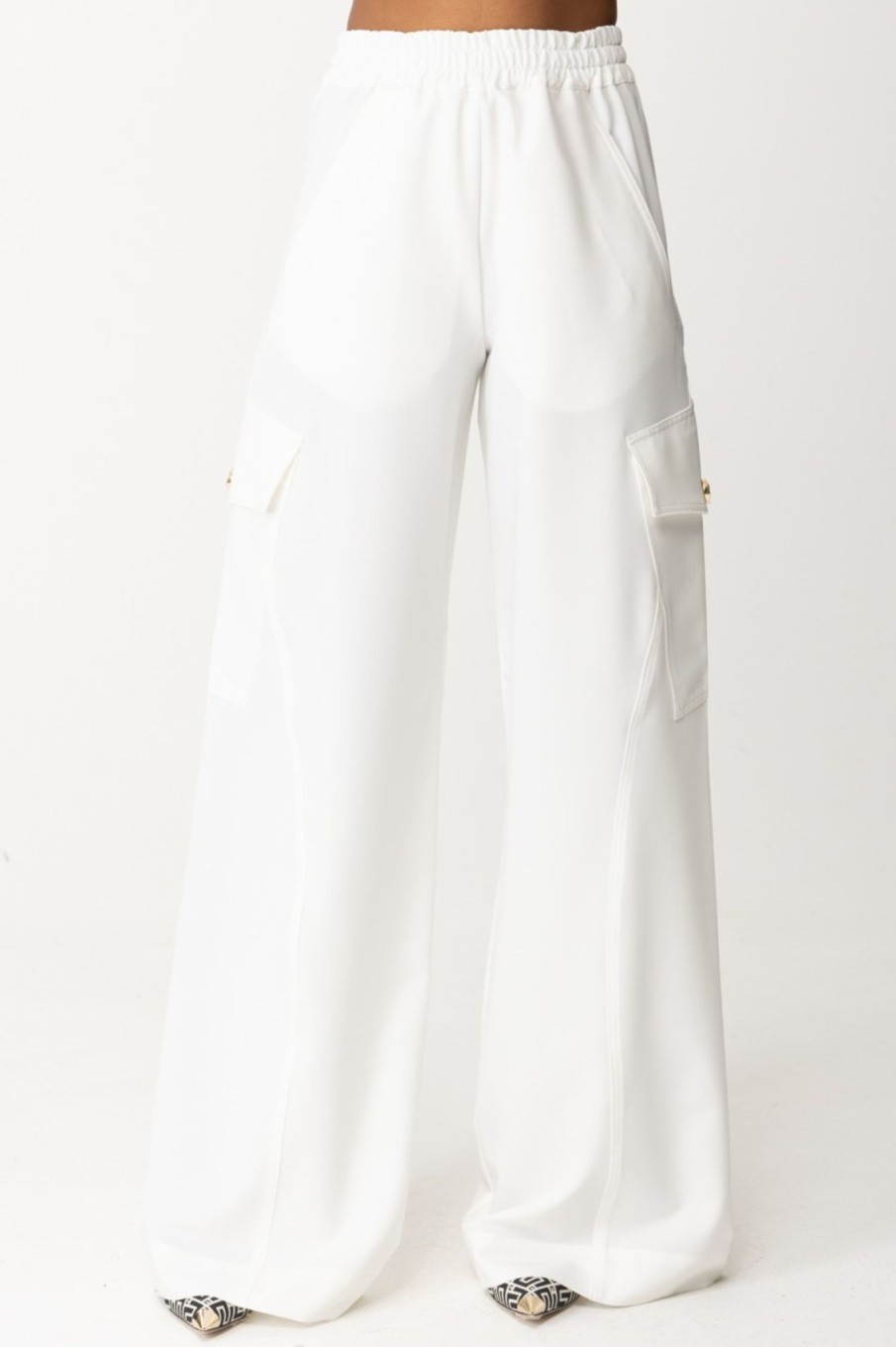 Pinko Pantaloni Cargo Fluidi In Viscosa Stretch Bianco-Biancaneve New