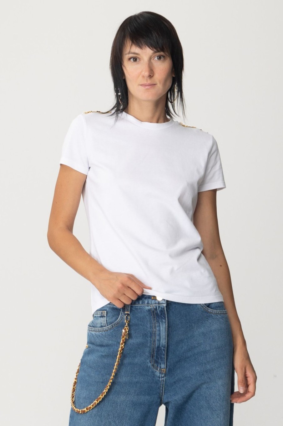 Elisabetta Franchi T-Shirt Con Mostrine Gesso Wholesale