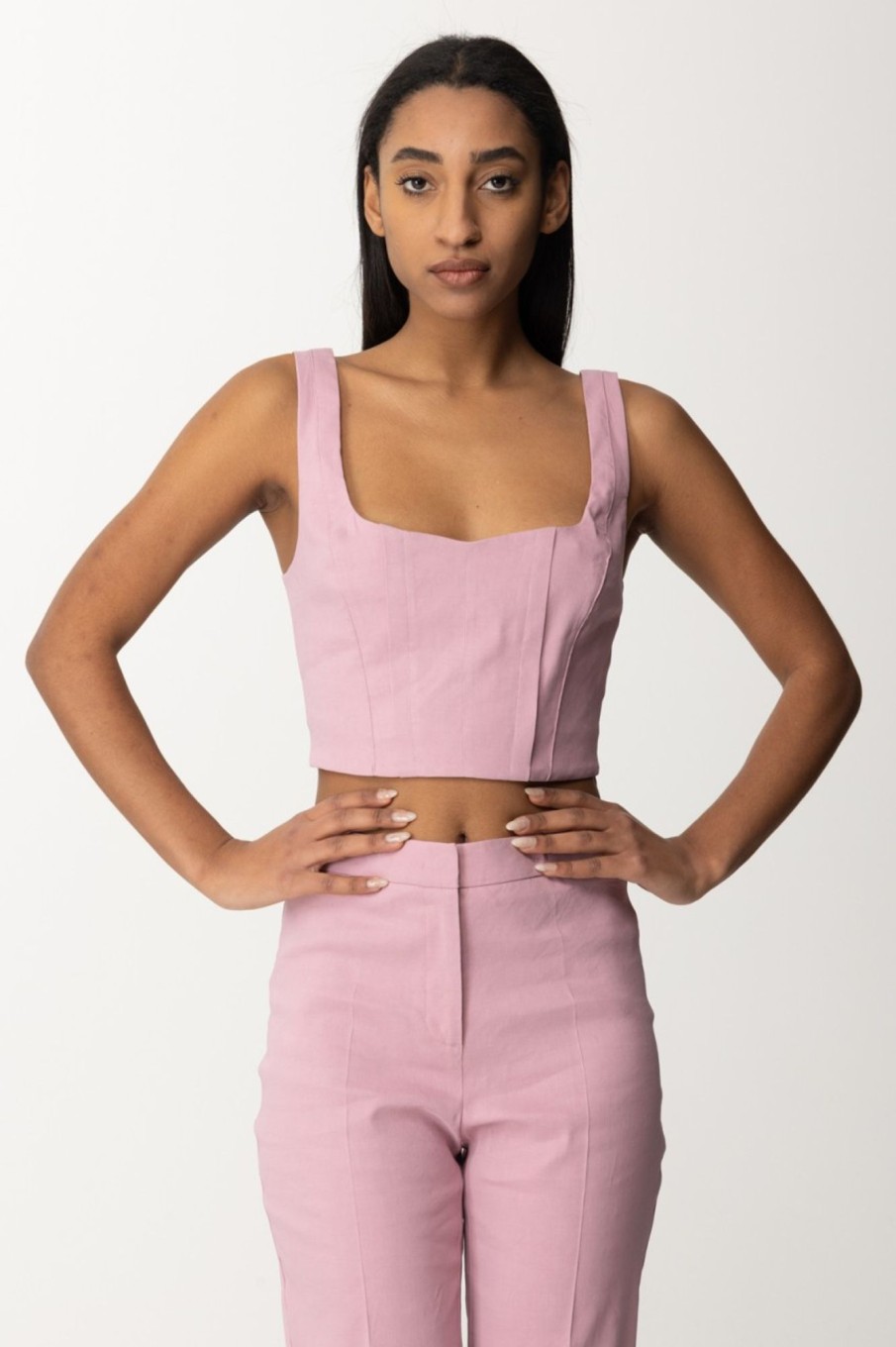 Pinko Crop Top Bustier In Lino Stretch Fumo Orchidea Hot