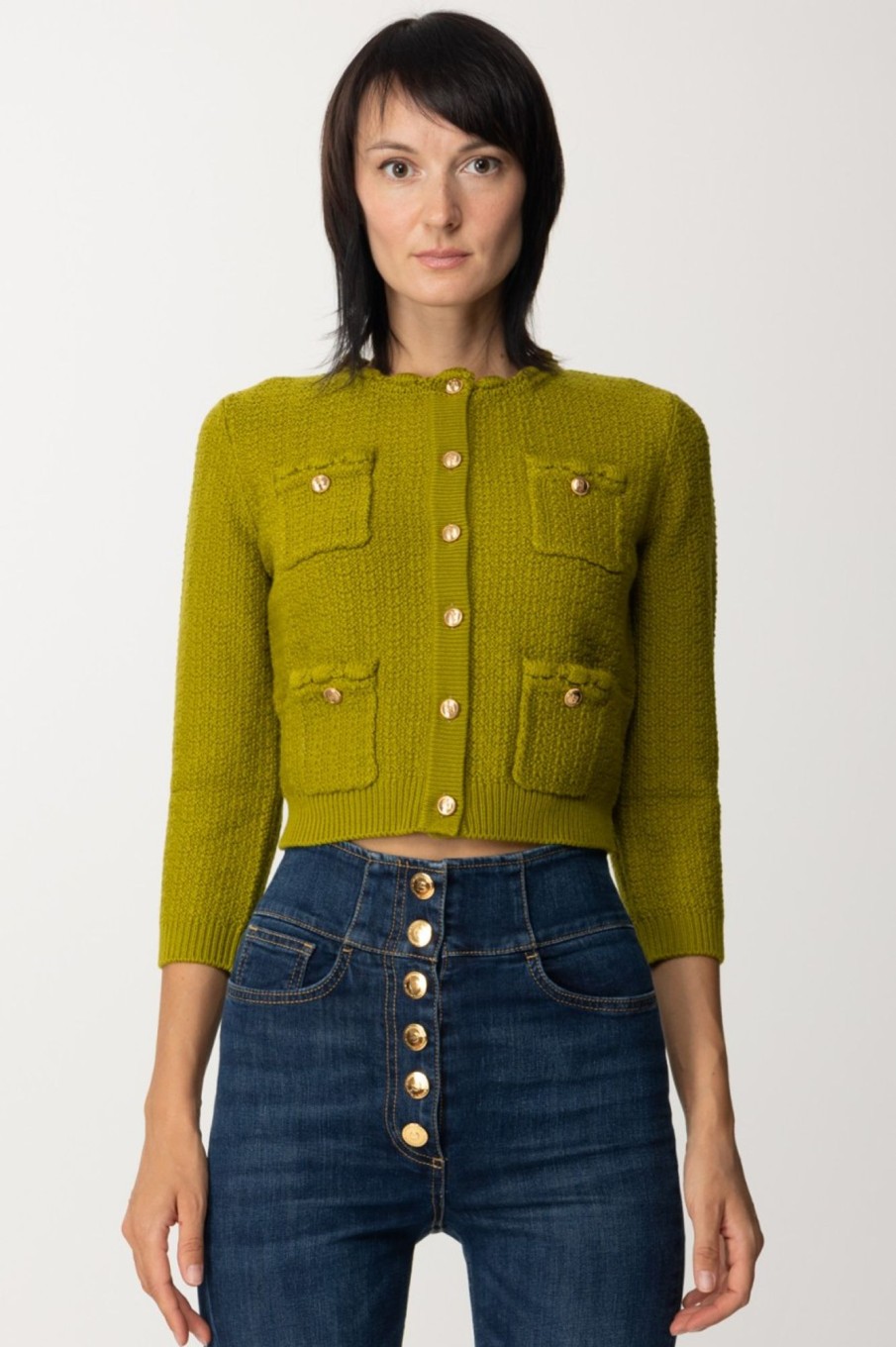 Elisabetta Franchi Cardigan In Maglia Con Multitasche Olive Oil New