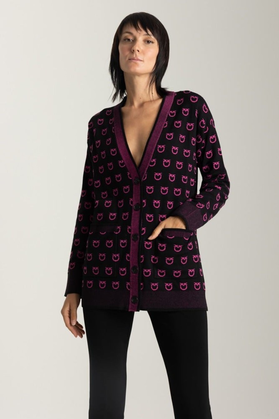 Pinko Cardigan Con Loghi E Dettagli A Contrasto Nero/Fuxia New