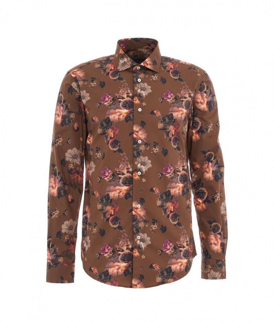 Brian Dales Camicia Floreale Marrone New