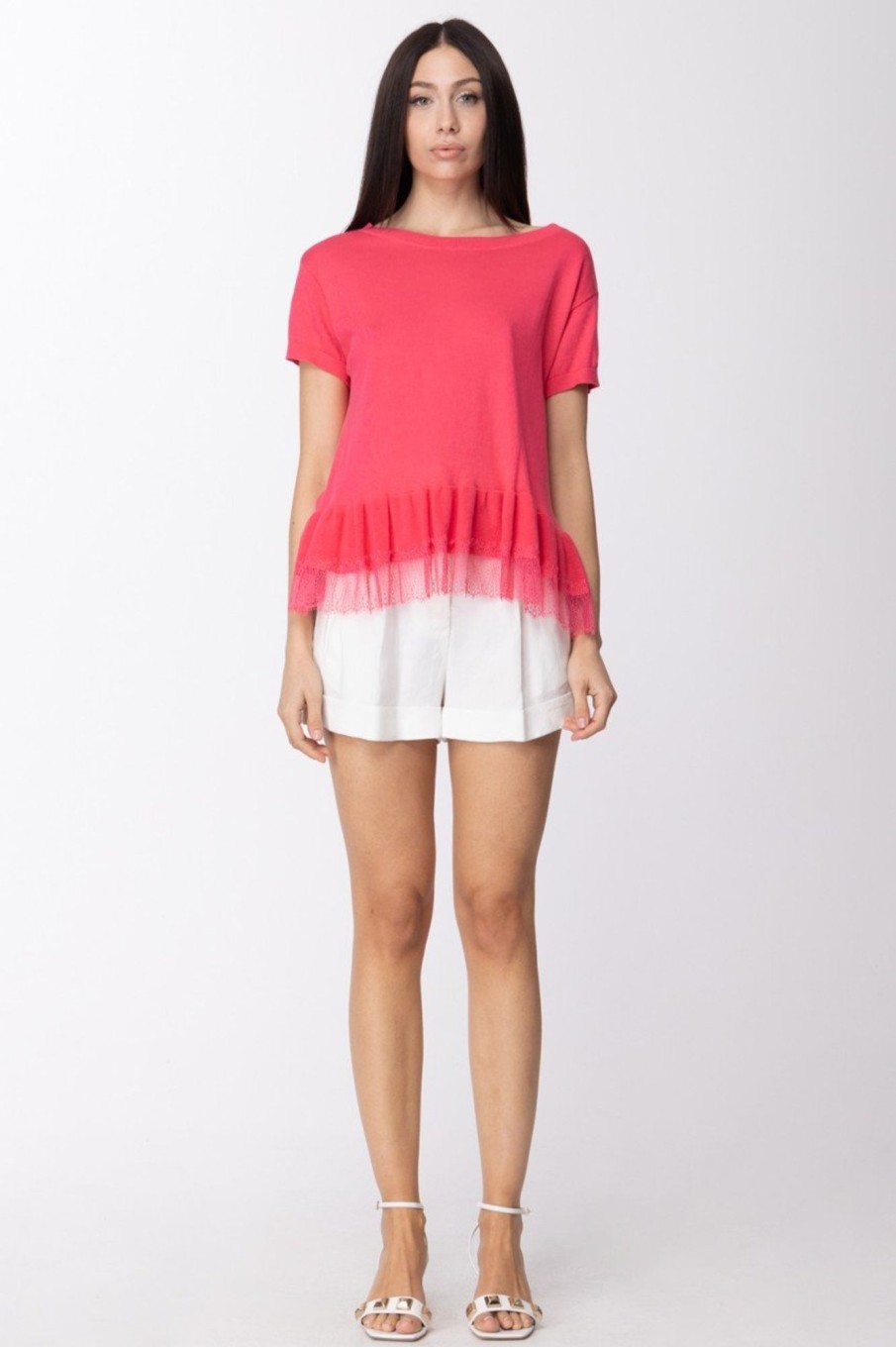 Twin-Set T-Shirt In Maglia Con Balza In Pizzo Rosa Neon New