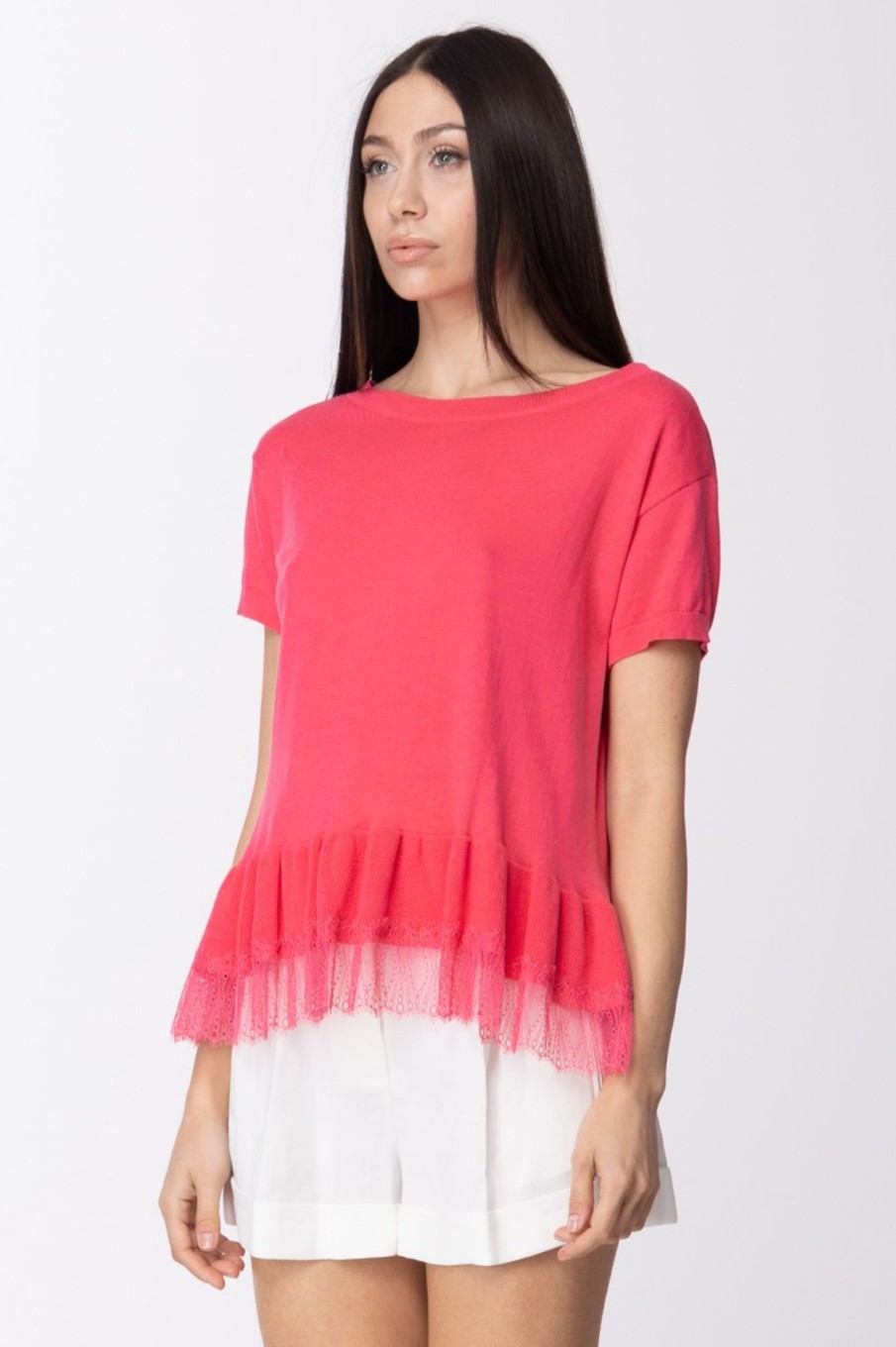 Twin-Set T-Shirt In Maglia Con Balza In Pizzo Rosa Neon New