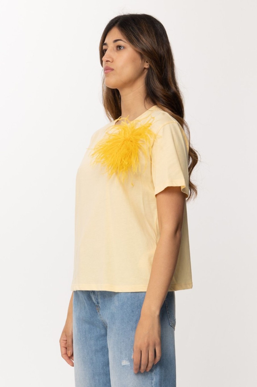 Patrizia Pepe T-Shirt Con Inserto Piumette Clarity Yellow New