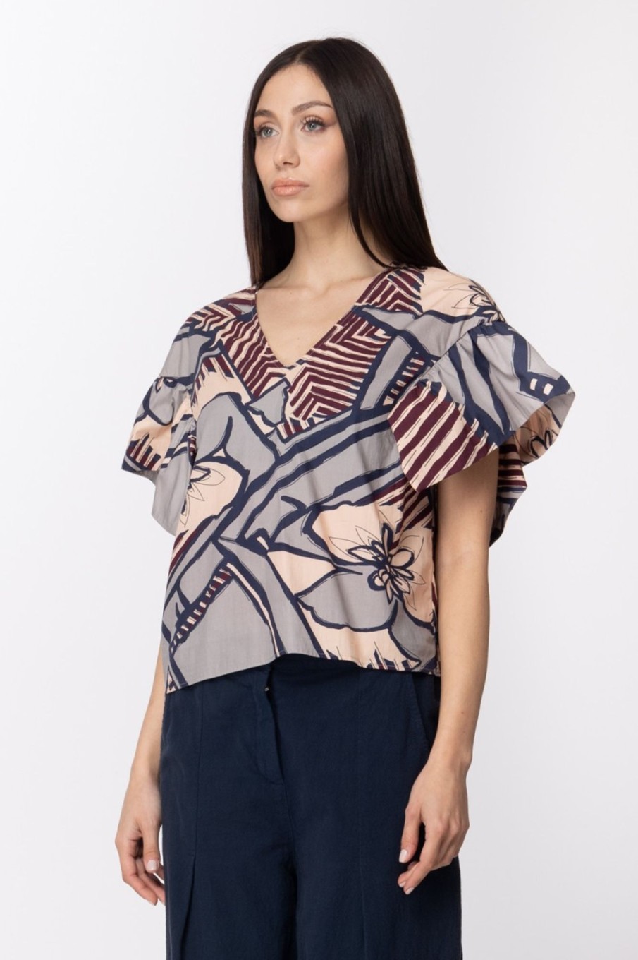 Manila Grace Blusa Multicolor Con Maniche Volant Grigio Best