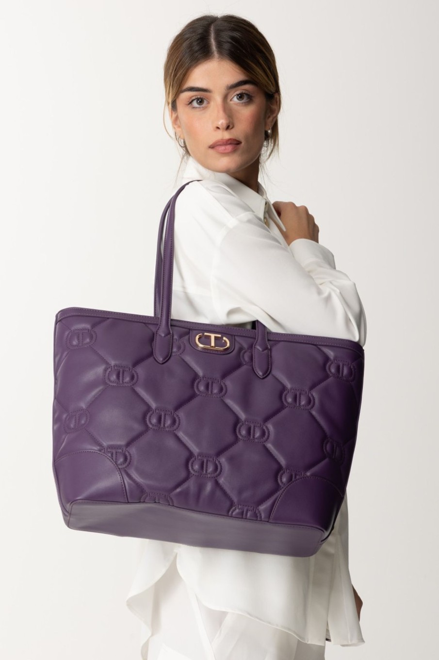 Twin-Set Shopper Con Logo Trapuntato Violetto Hot