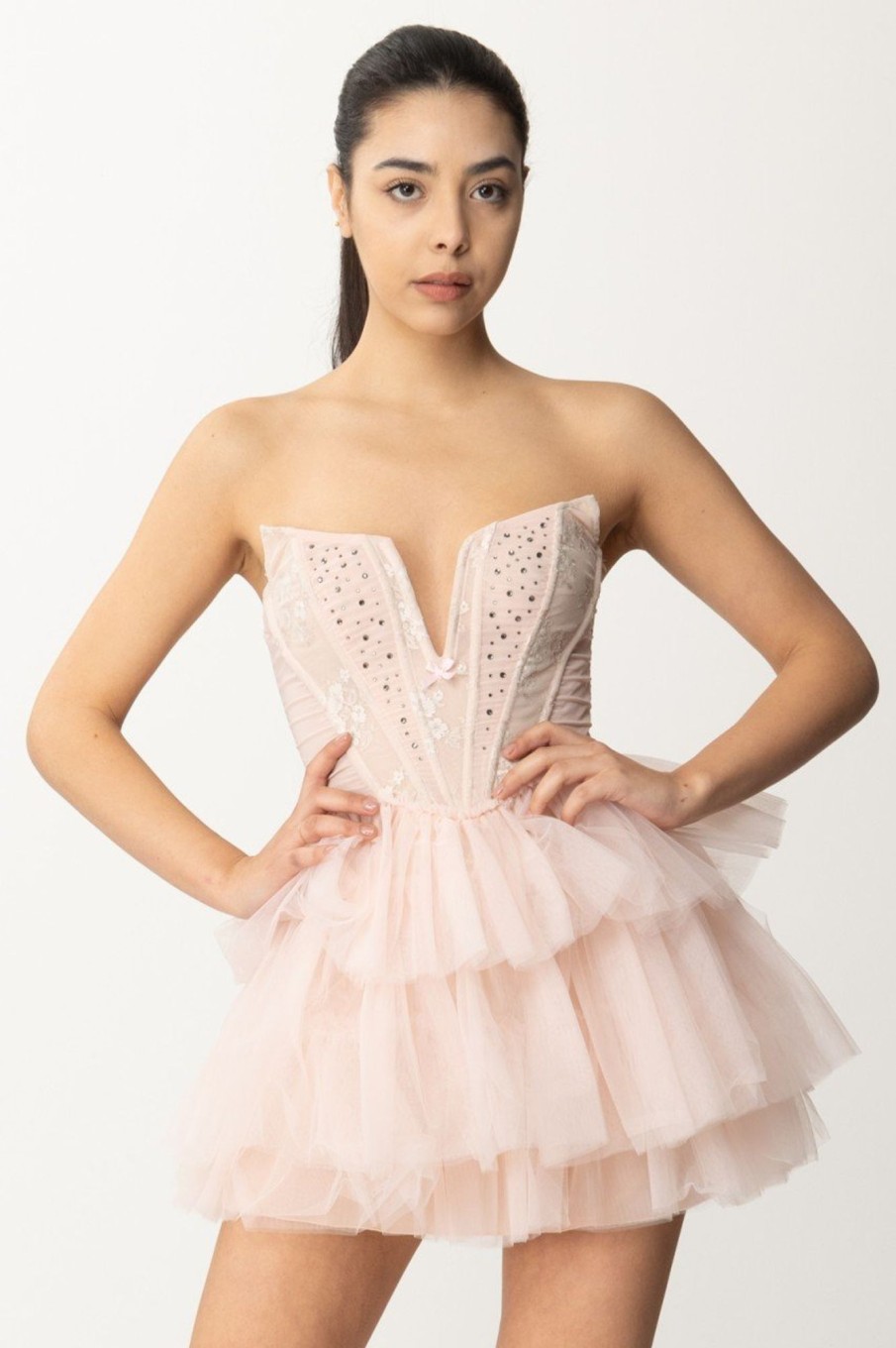 Aniye By Mini Abito In Tulle Con Bustino Rhela Soft Pink Clearance