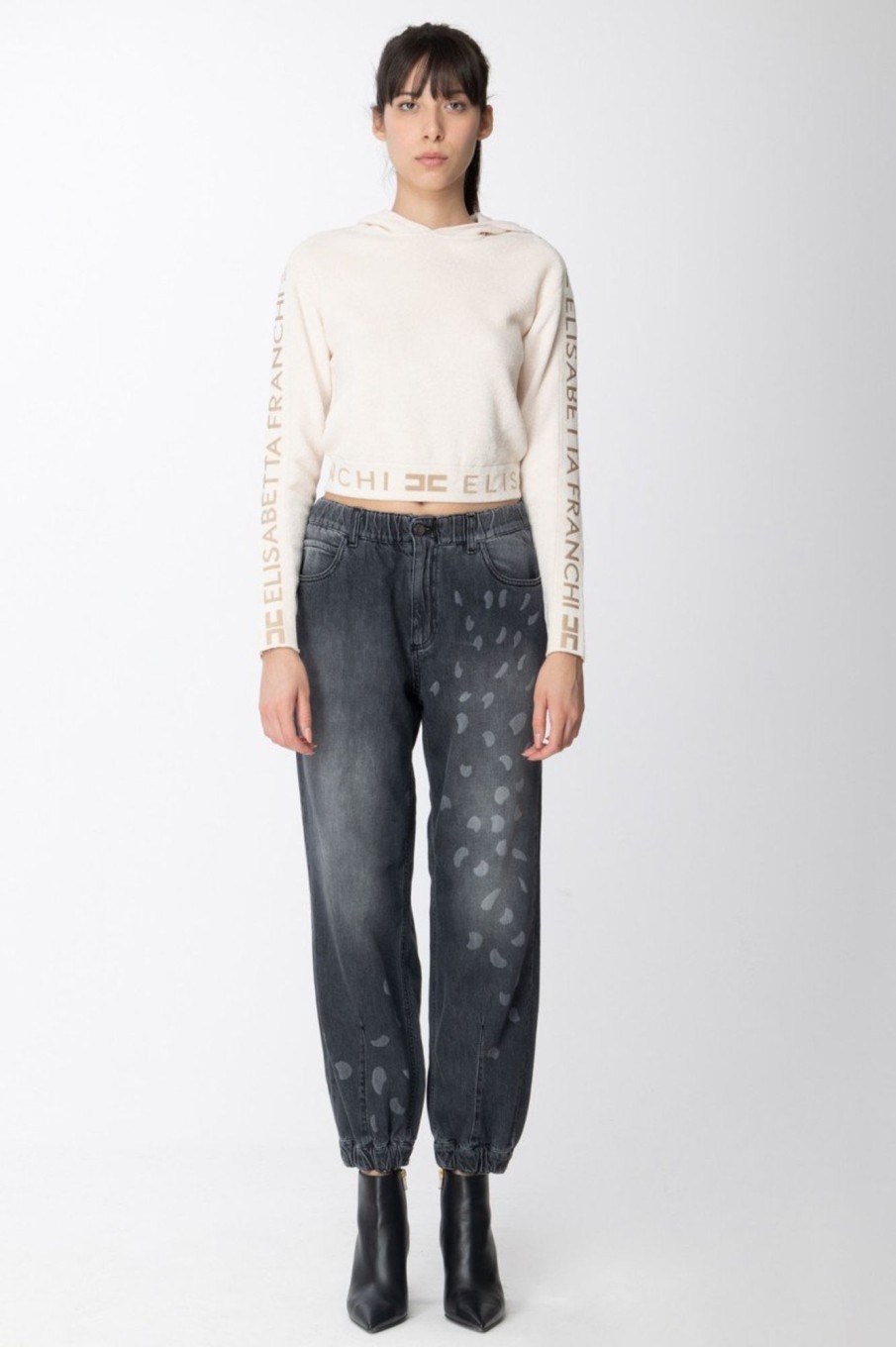 Elisabetta Franchi Felpa Con Cappuccio E Bande Logate Burro/Cammello Clearance