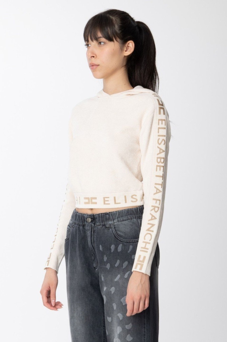 Elisabetta Franchi Felpa Con Cappuccio E Bande Logate Burro/Cammello Clearance