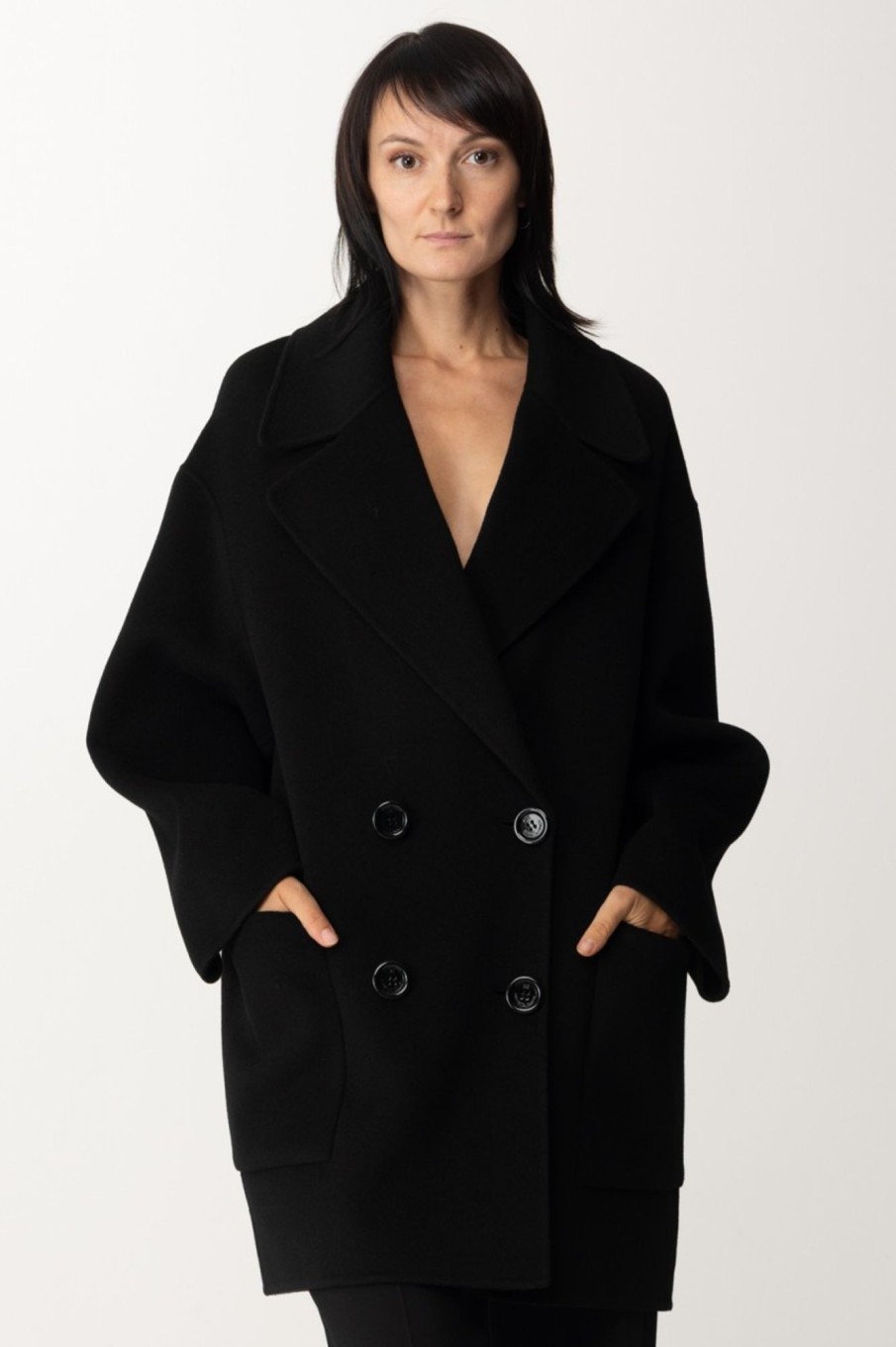 Elisabetta Franchi Cappotto Corto In Lana Taglio Caban Nero Best