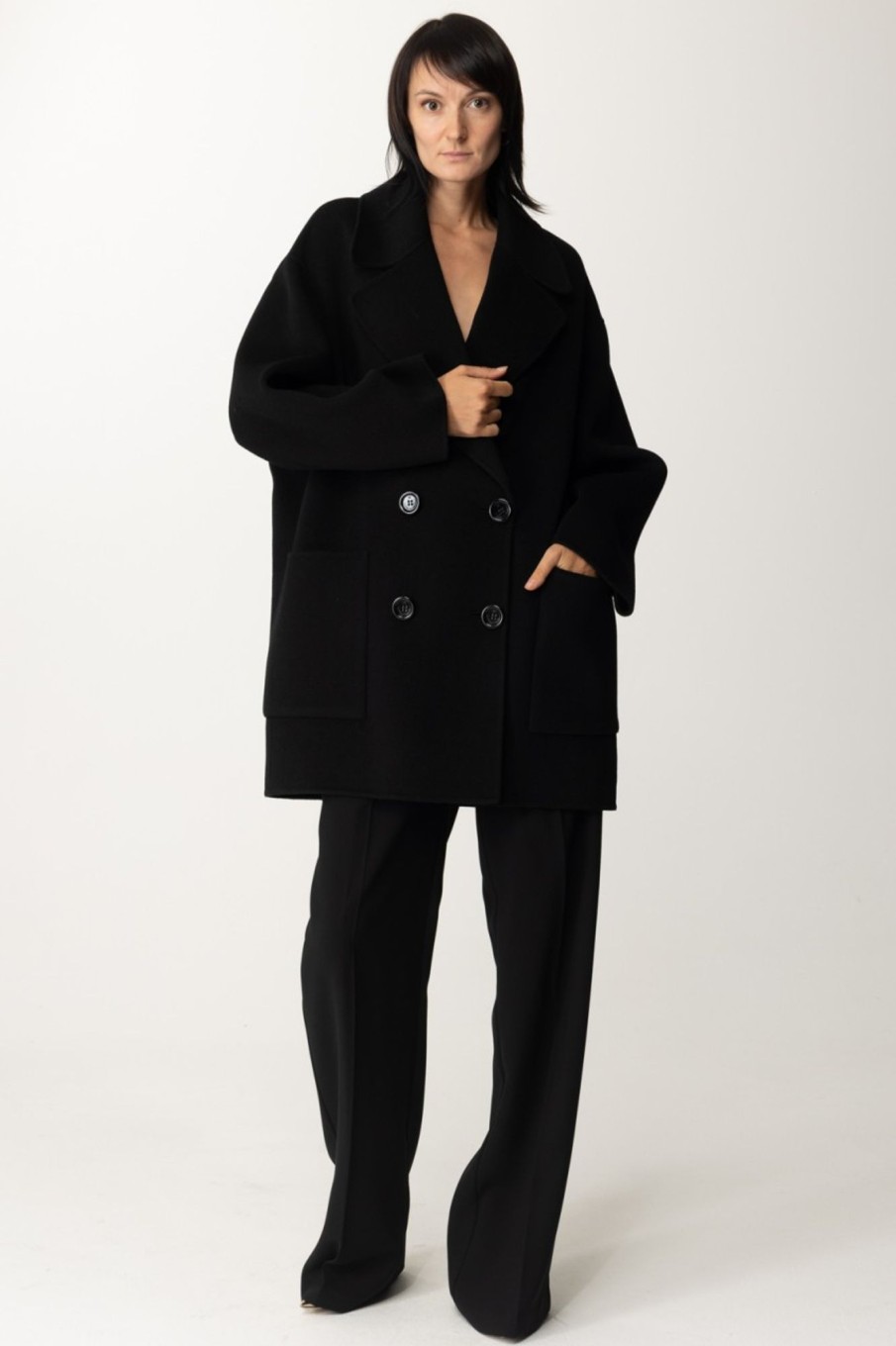 Elisabetta Franchi Cappotto Corto In Lana Taglio Caban Nero Best