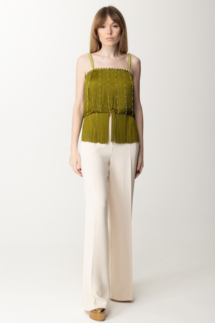 Elisabetta Franchi Top Con Frange E Catene Di Perle Olive Oil Hot