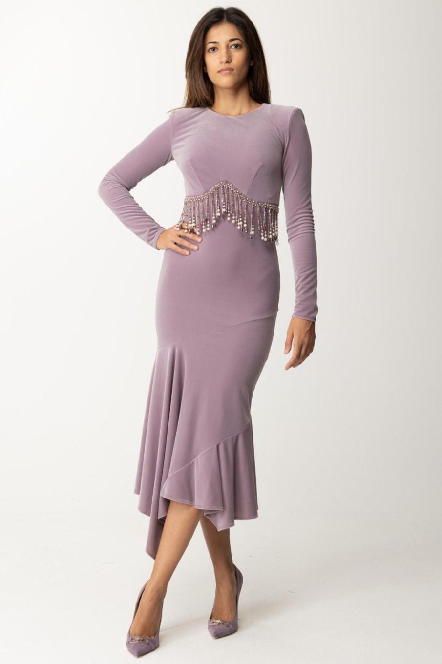 Elisabetta Franchi Abito Midi In Velluto Con Perline Candy Violet Clearance