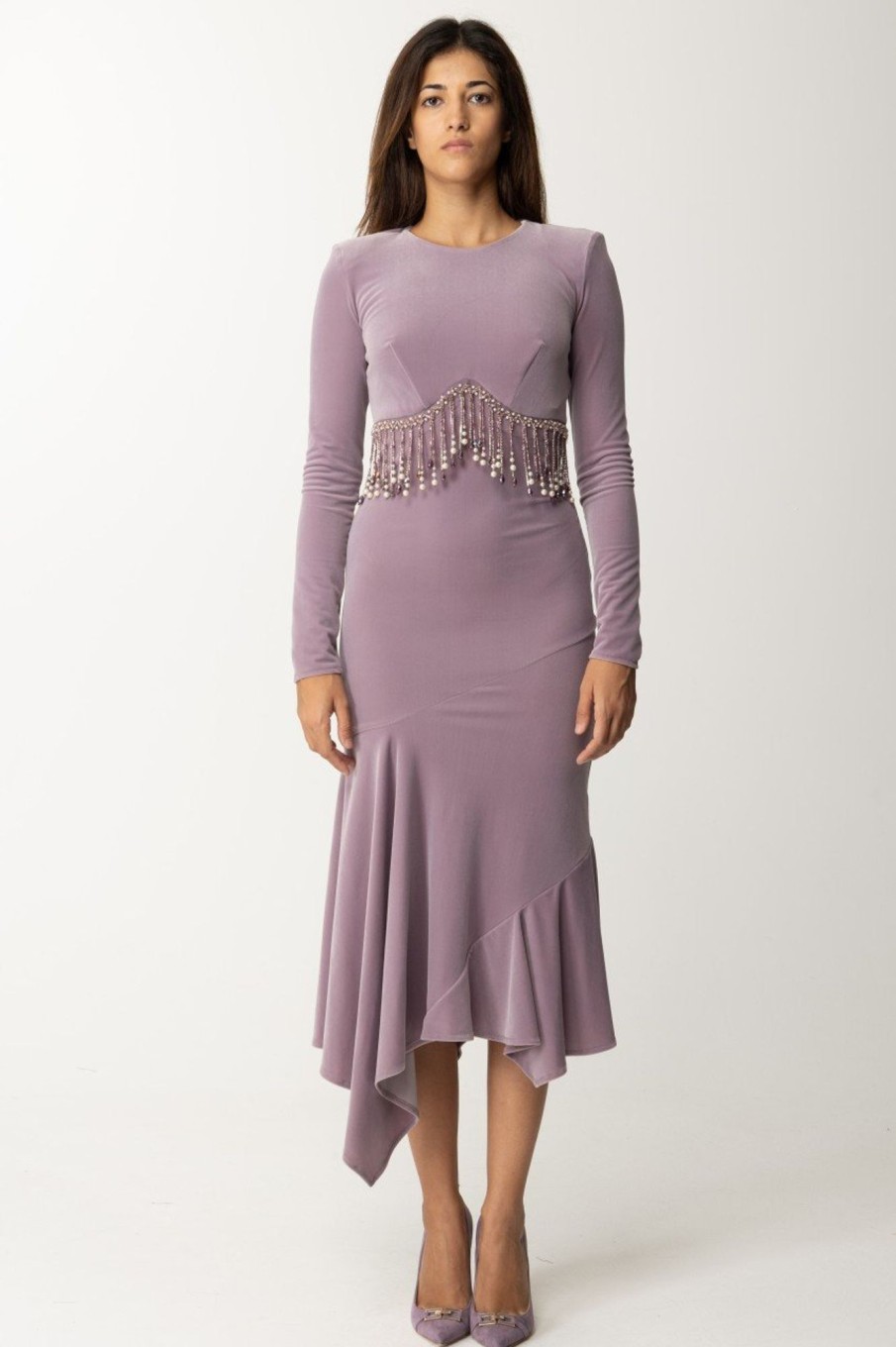 Elisabetta Franchi Abito Midi In Velluto Con Perline Candy Violet Clearance