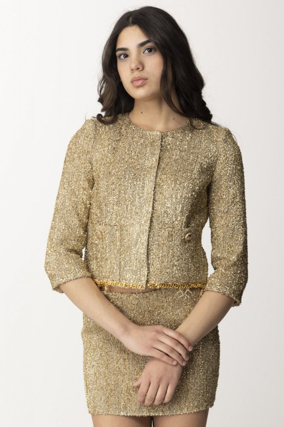 Elisabetta Franchi Giacca Corta In Tweed Lurex Con Charms Oro Wholesale