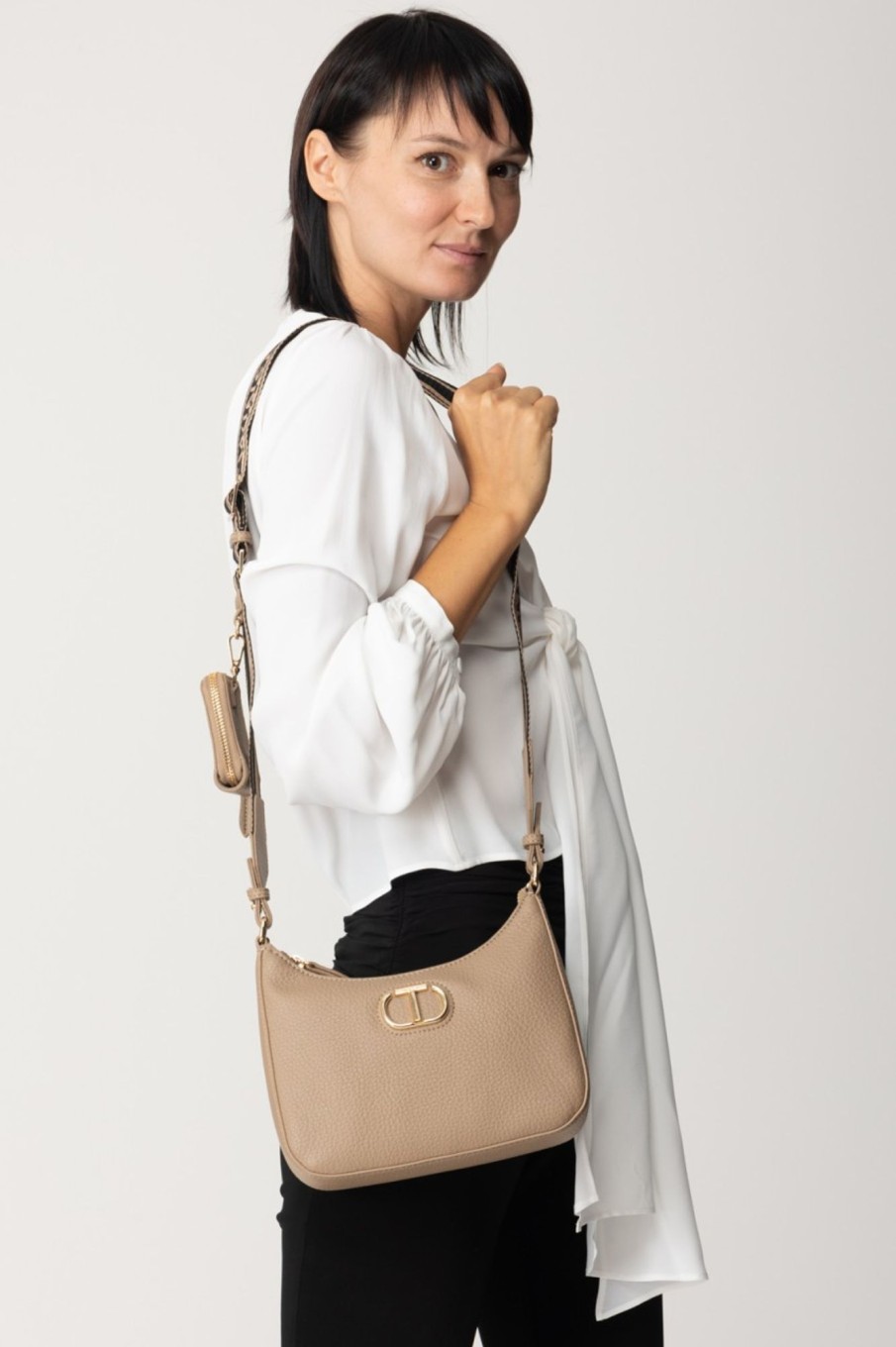 Twin-Set Mini Hobo Con Tracolla In Canvas Light Taupe Wholesale