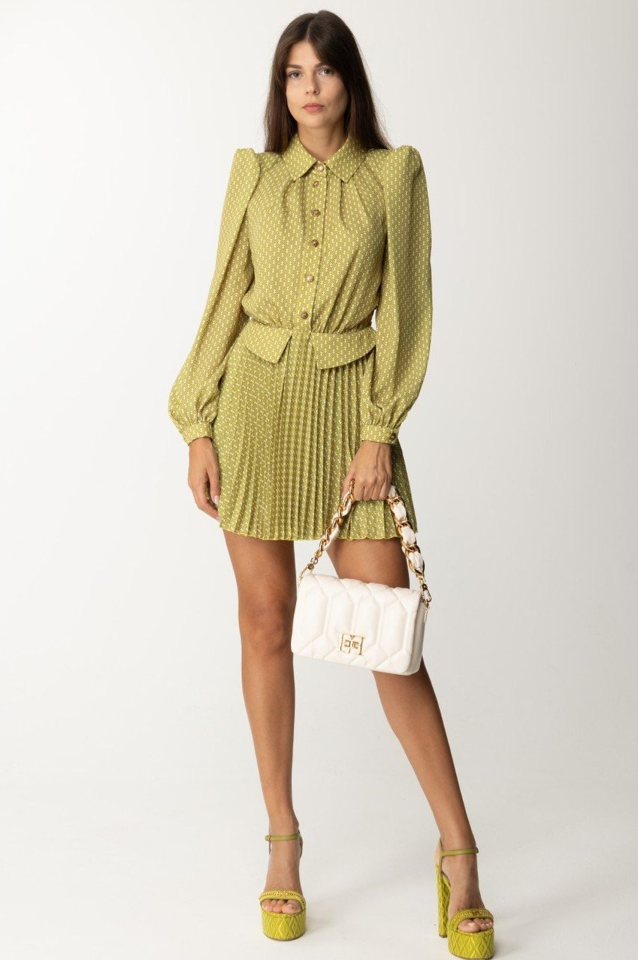 Elisabetta Franchi Abito Mini Con Gonna Pliss00E8 Olive Oil/Burro Hot